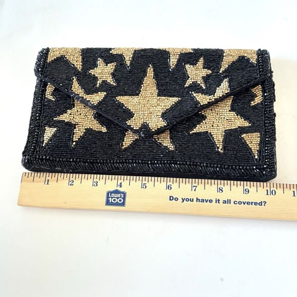 JANE MARIE Black Beaded Evening Clutch Bag with Gold Stars Design - Picture 6 of 8